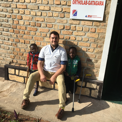 Kyle Reeser with two lower-limb amputee in-patient's at HVP-Gatagara.  HVP-Gatagara | Gatagara, Rwanda.  