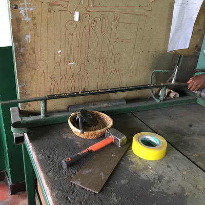 A jig for making crutches in the metal shop at HVP-Gatagara.  HVP-Gatagara | Gatagara, Rwanda.  